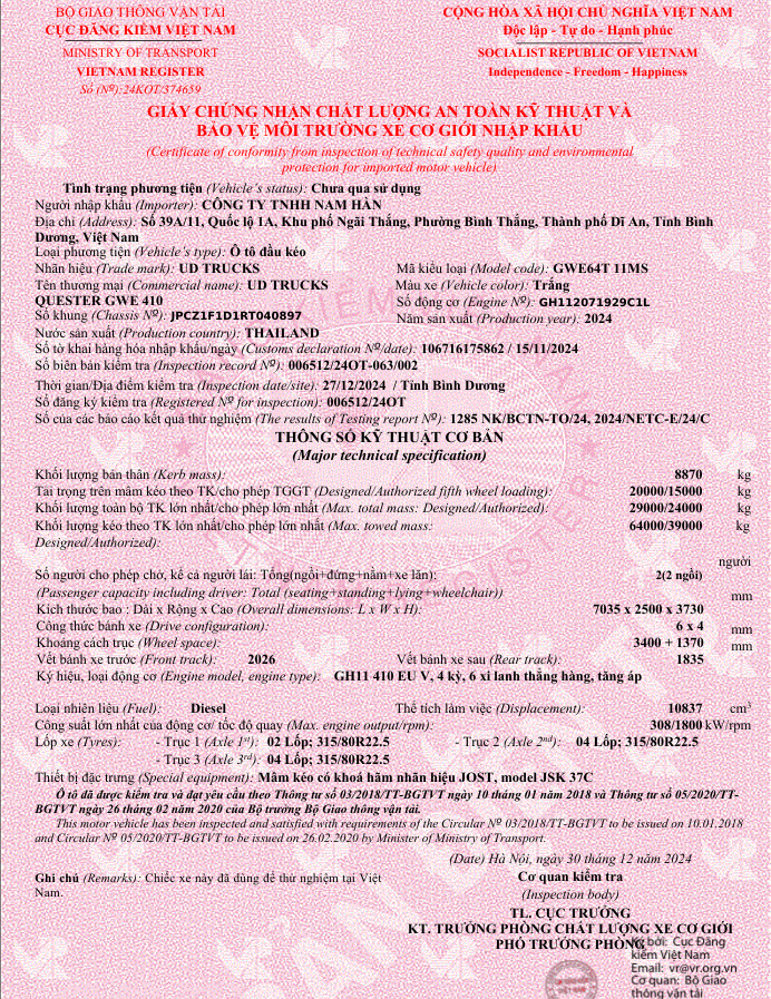 Giấy nhập khẩu ĐẦU KÉO UD QUESTER GWE 410 HP E5